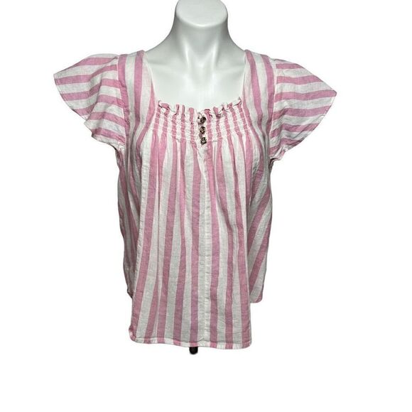 Draper James RSVP pink and white striped flutter sleeve smock top size M - Picture 3 of 14